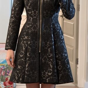 Bebe Black Jacquard Fit-and-Flare Dress with Front Zip